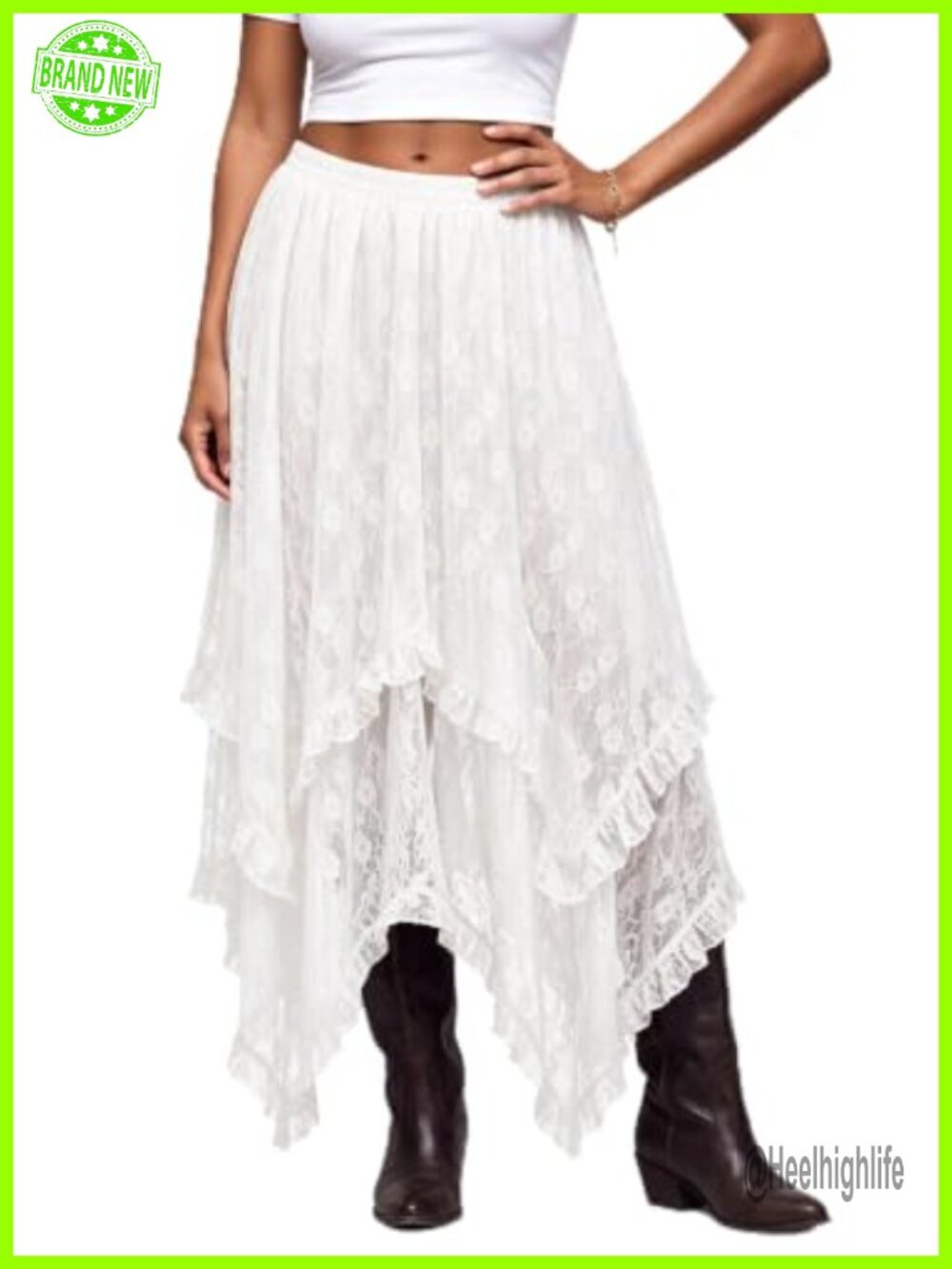 Lace Maxi Skirt Asymmetrical Ruffle Hem High Waist Flowy Boho